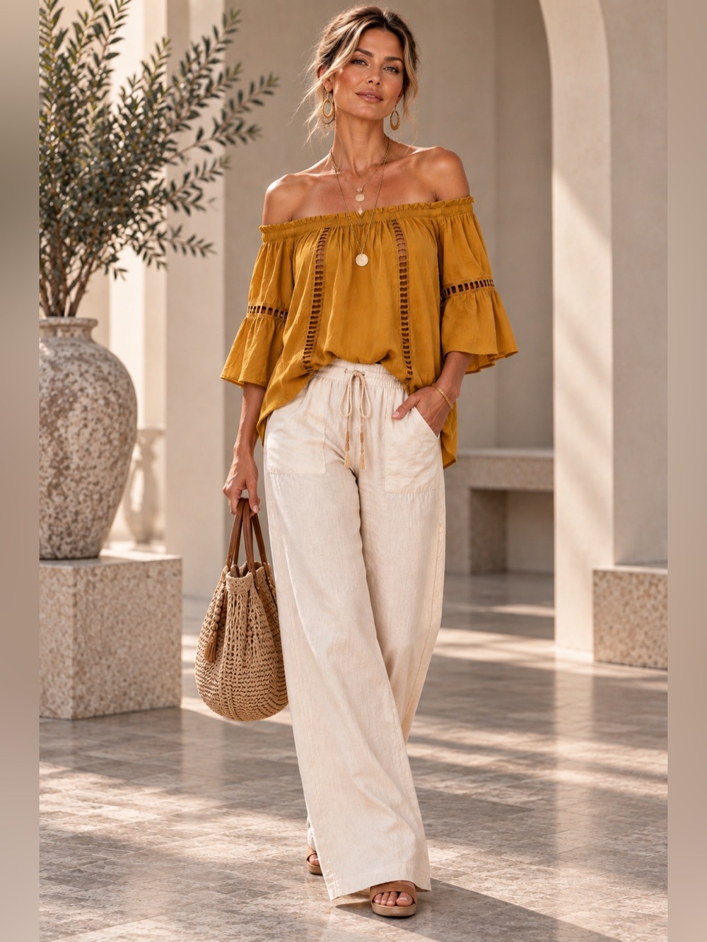 NWT Melissa Paige Large Mustard Off Shoulder Boho Blouse Bell Sleeve Rayon